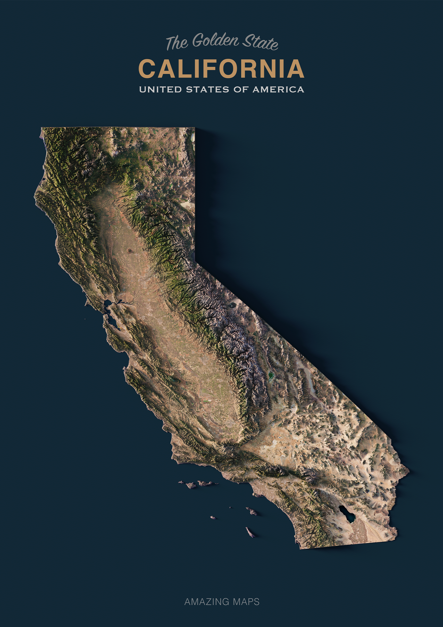 California Realistic Relief Map Dark