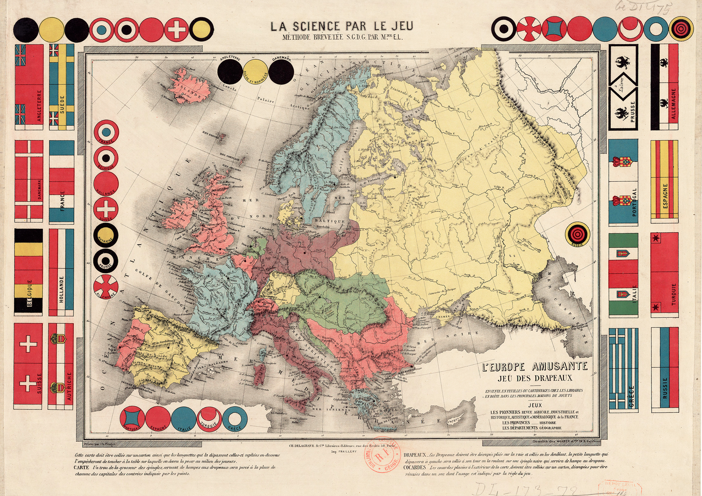 French map of Europe in 1872 with Flags