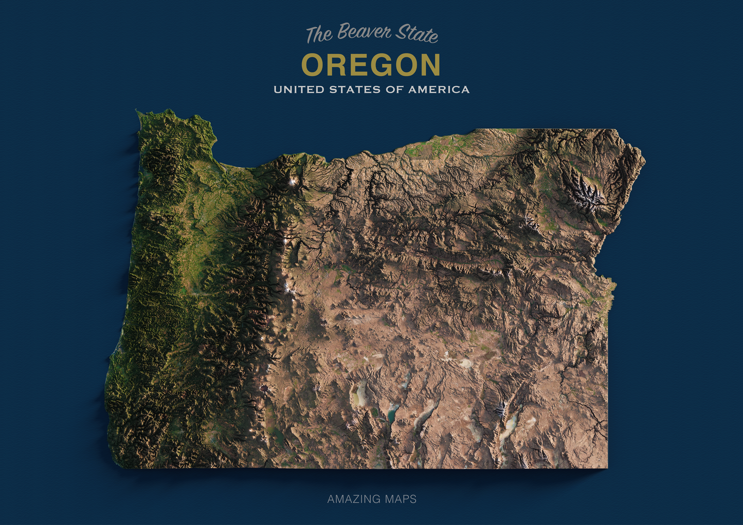 Oregon Realistic Relief Map Dark