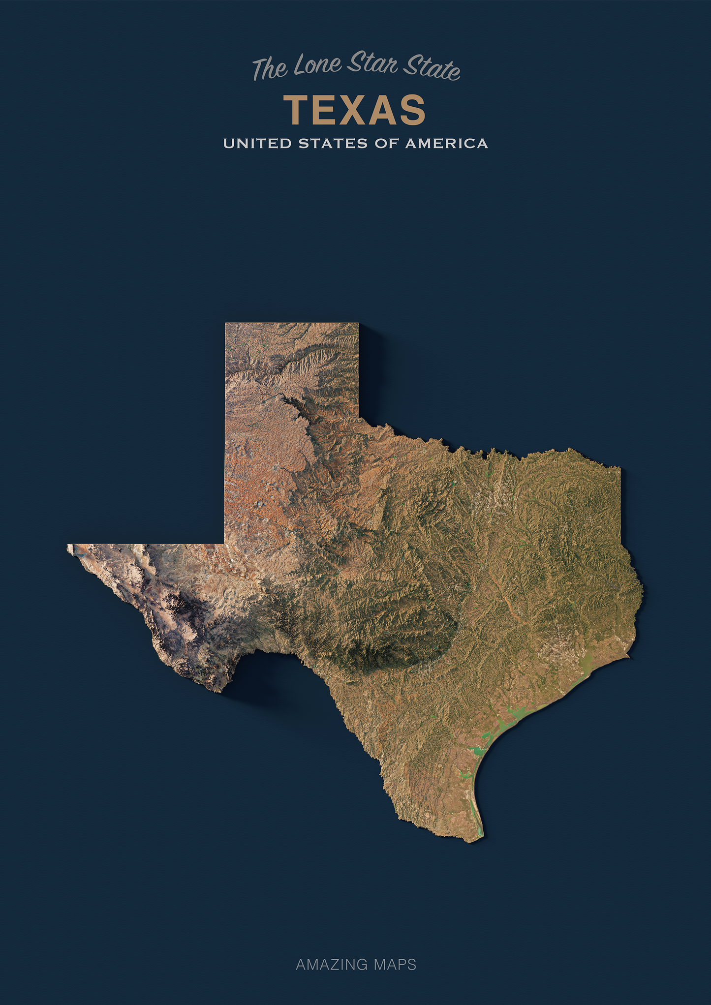 Texas Realistic Relief Map Dark